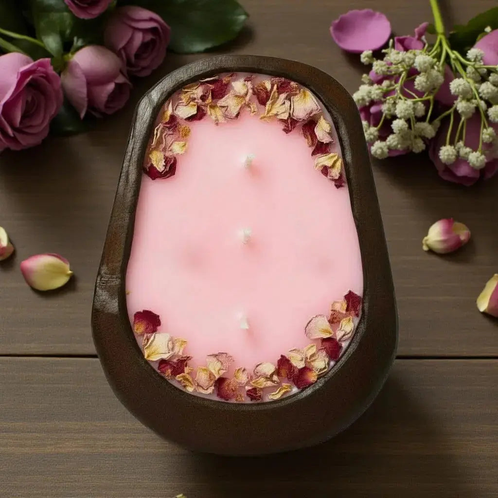 Fresh Rose Candle in Hand-carved Bowl | Organic Soy Candle – Candles