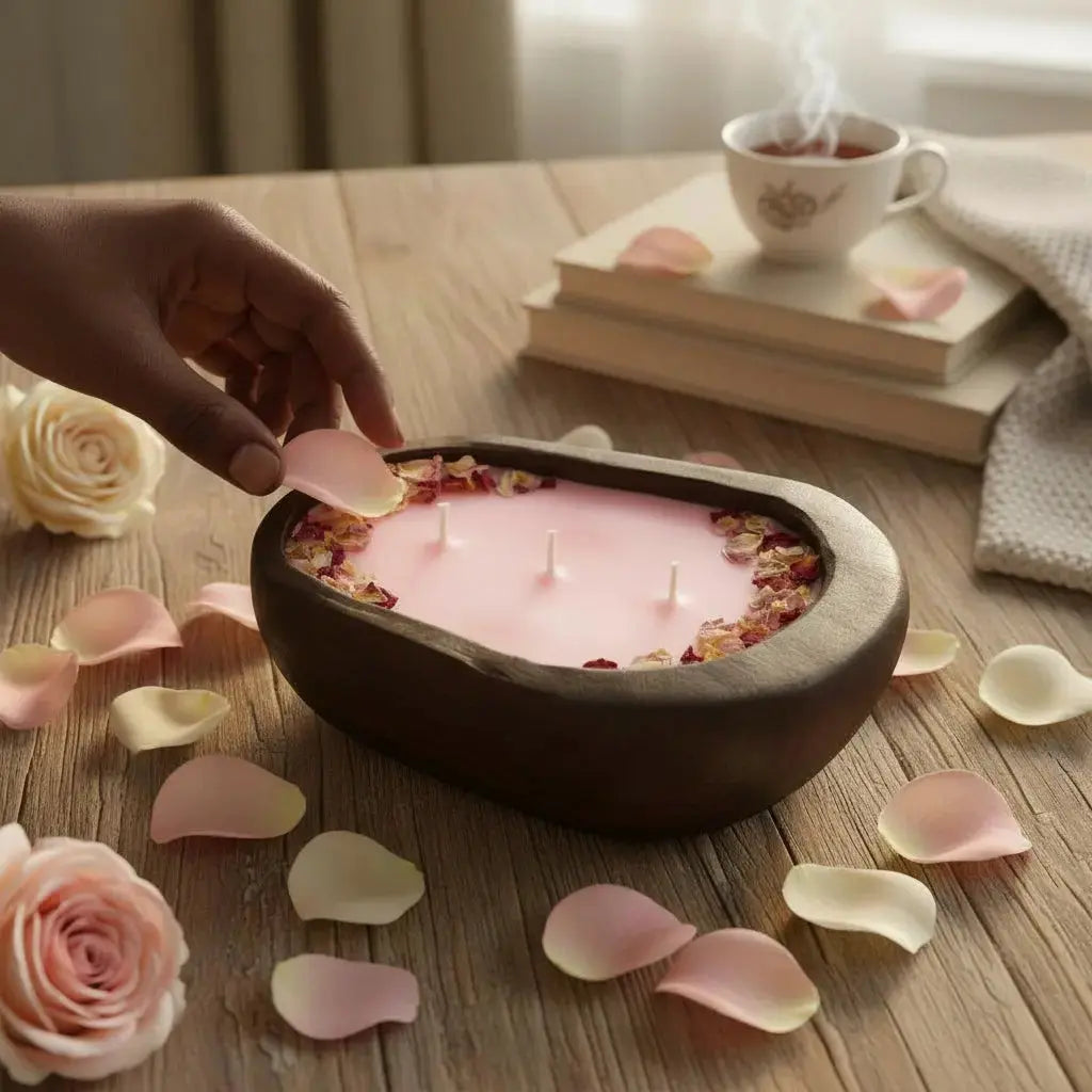 Fresh Rose Candle in Hand-carved Bowl | Organic Soy Candle – Candles