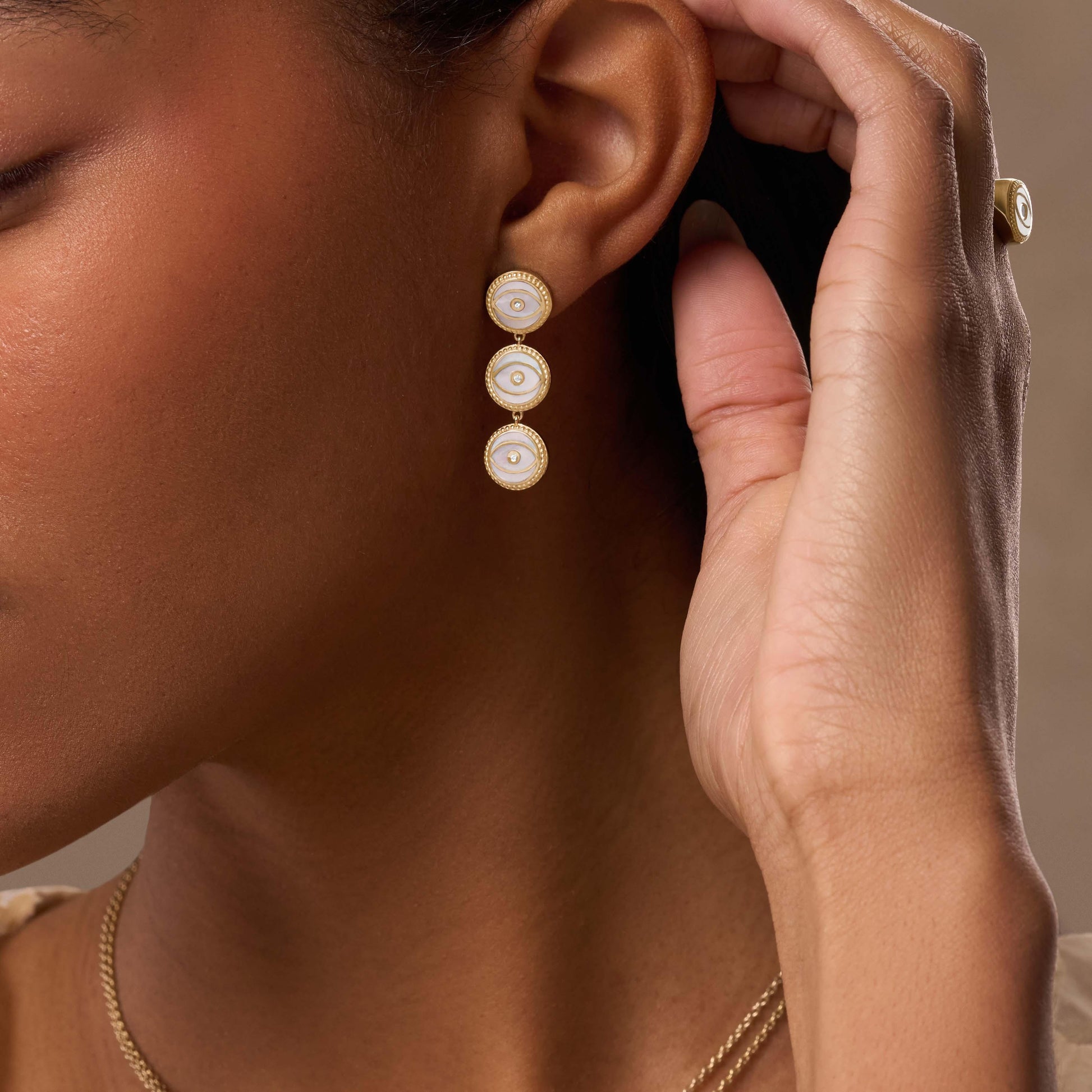 Triple Blessings Evil Eye Mother of Pearl Earrings – Earrings - Womens