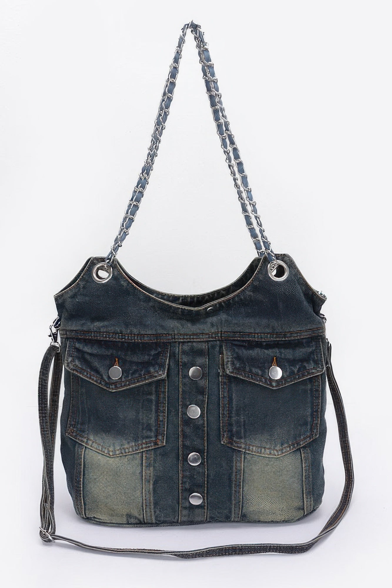 Washed Denim Double Pockets Tote Bag –