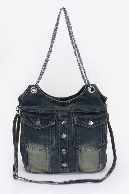Washed Denim Double Pockets Tote Bag –