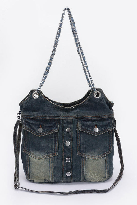 Washed Denim Double Pockets Tote Bag –