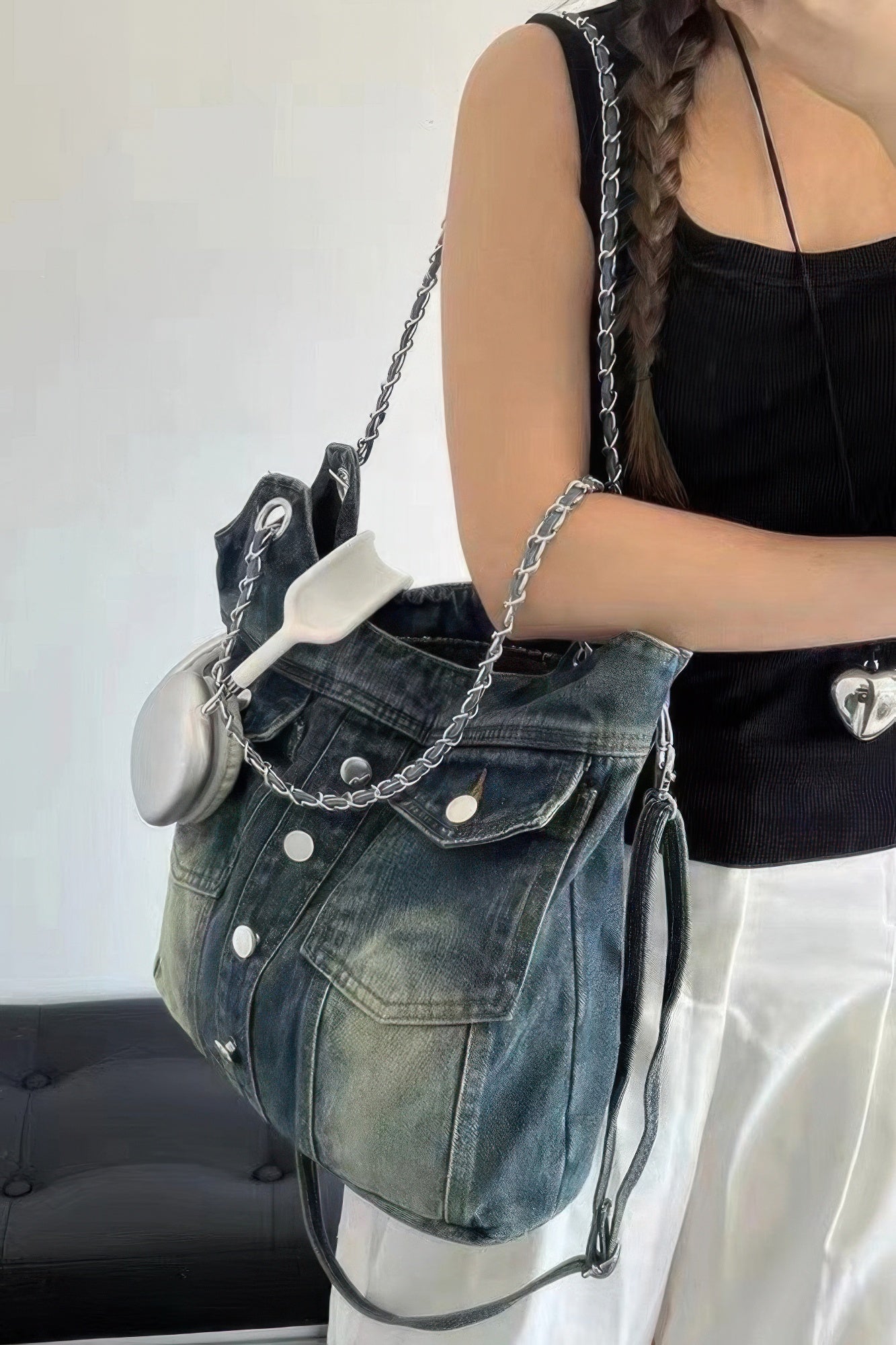 Washed Denim Double Pockets Tote Bag –