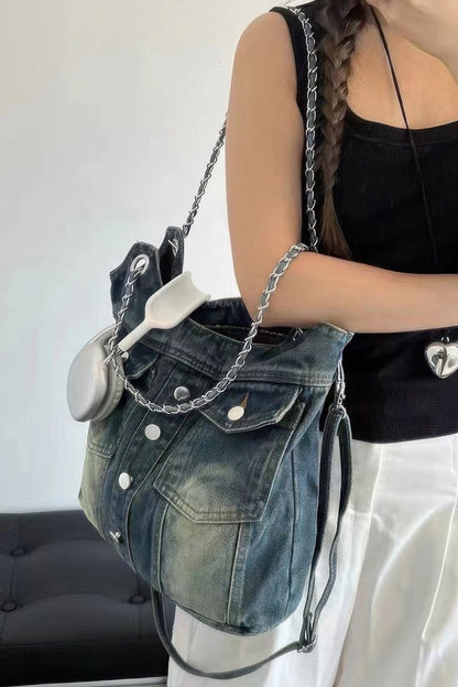 Washed Denim Double Pockets Tote Bag –