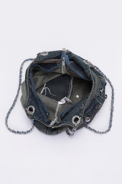 Washed Denim Double Pockets Tote Bag –