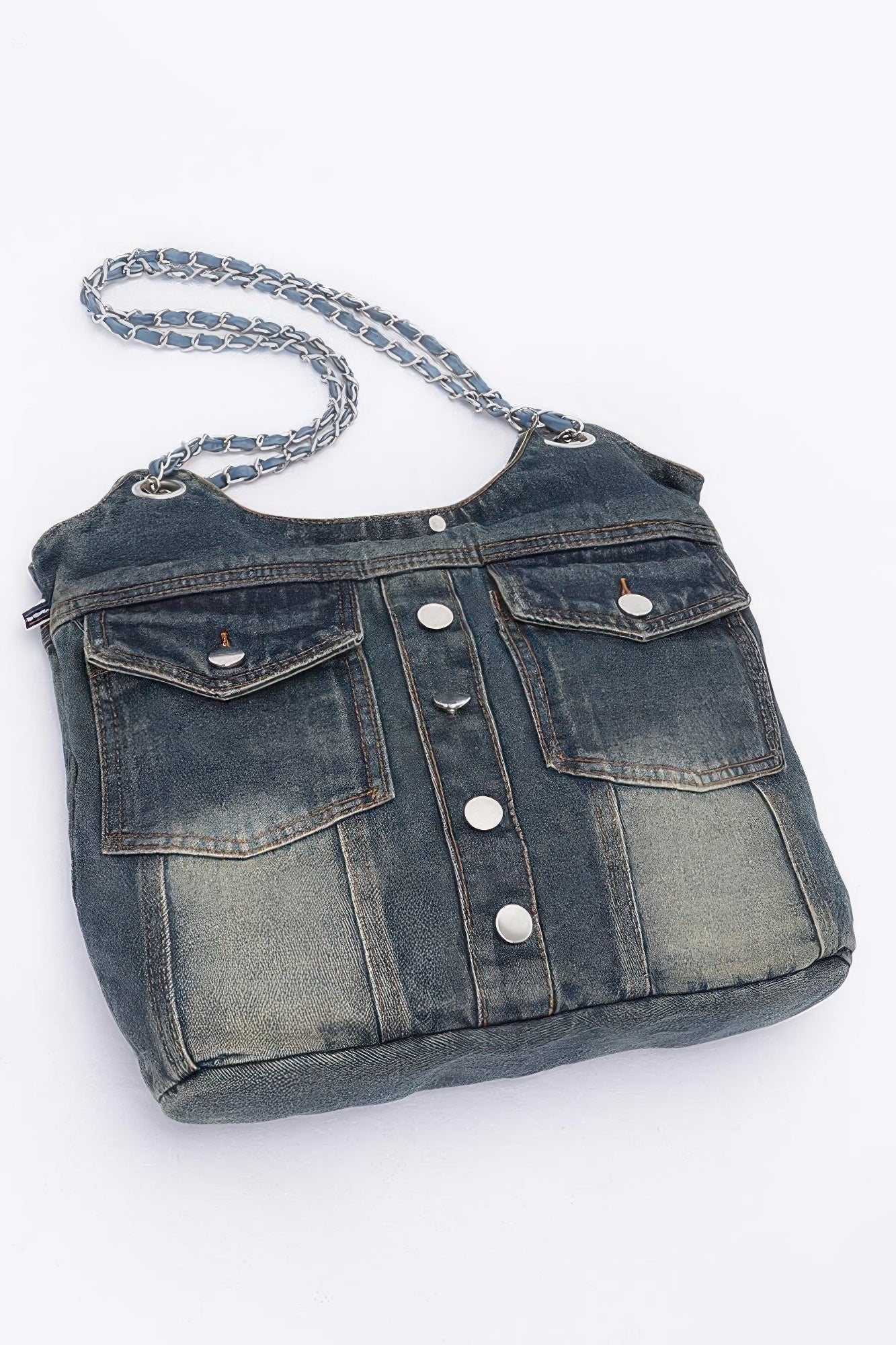 Washed Denim Double Pockets Tote Bag –
