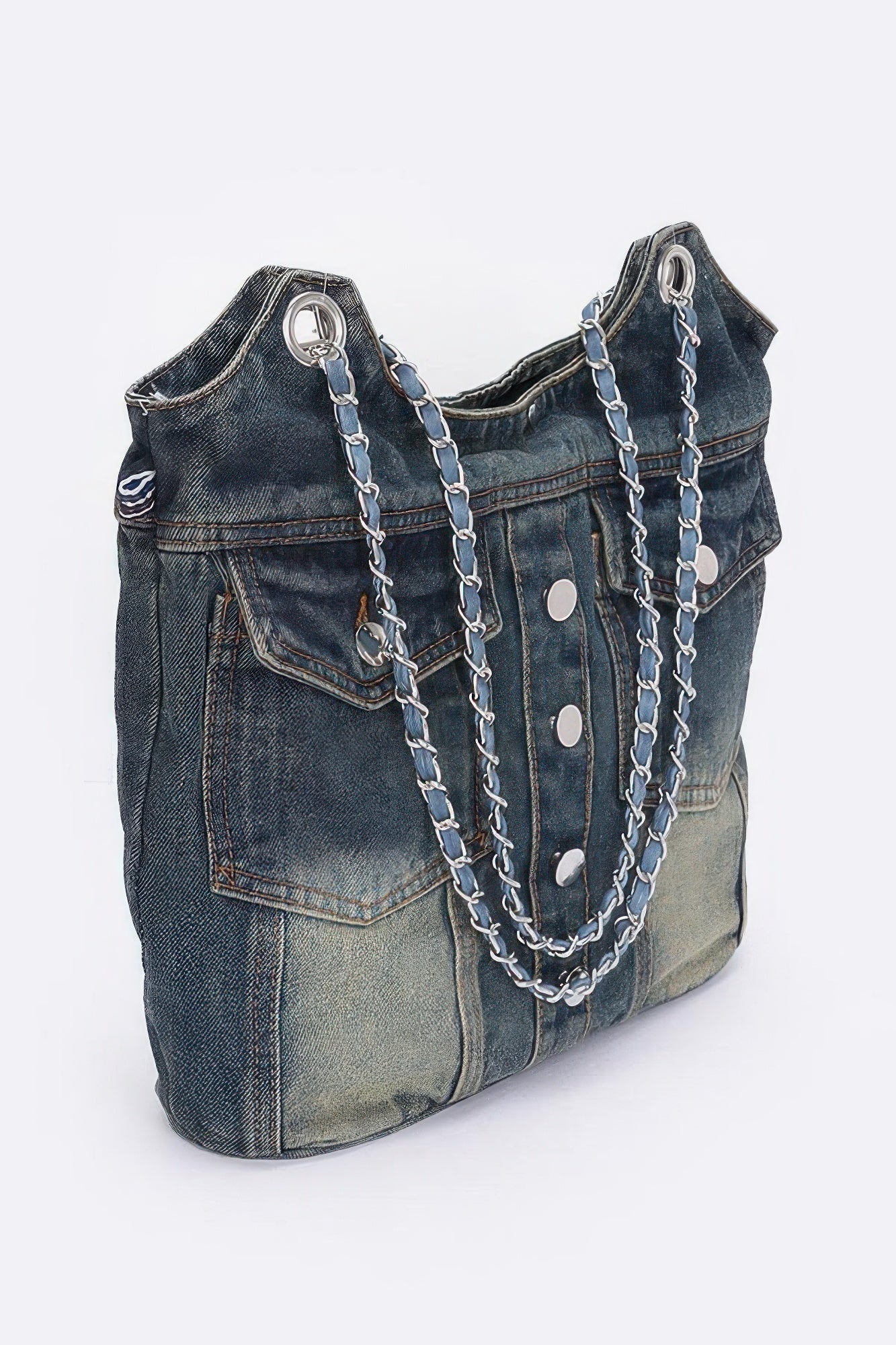 Washed Denim Double Pockets Tote Bag – Dark blue