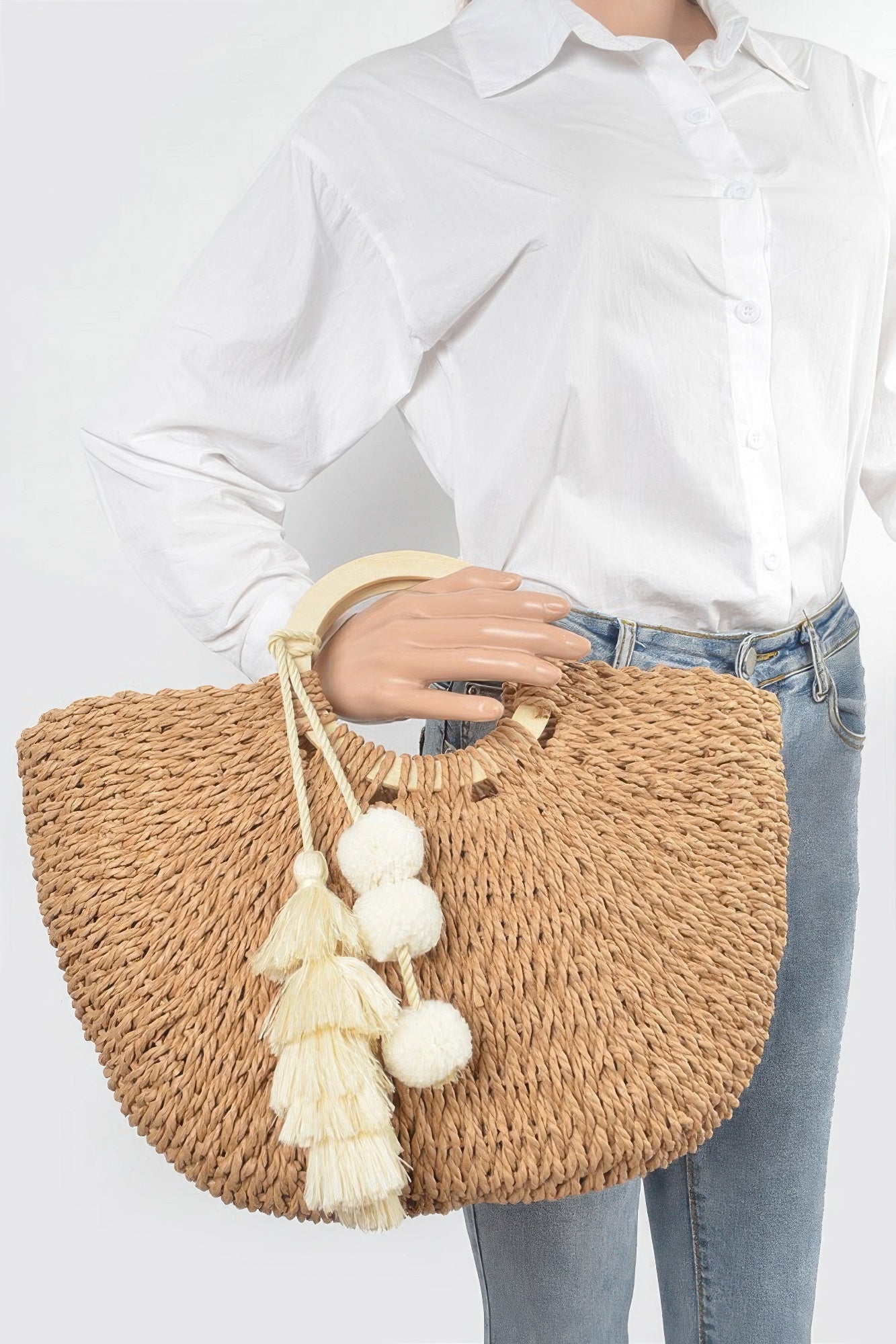Woven Cotton Wood Handle Tote Bag –