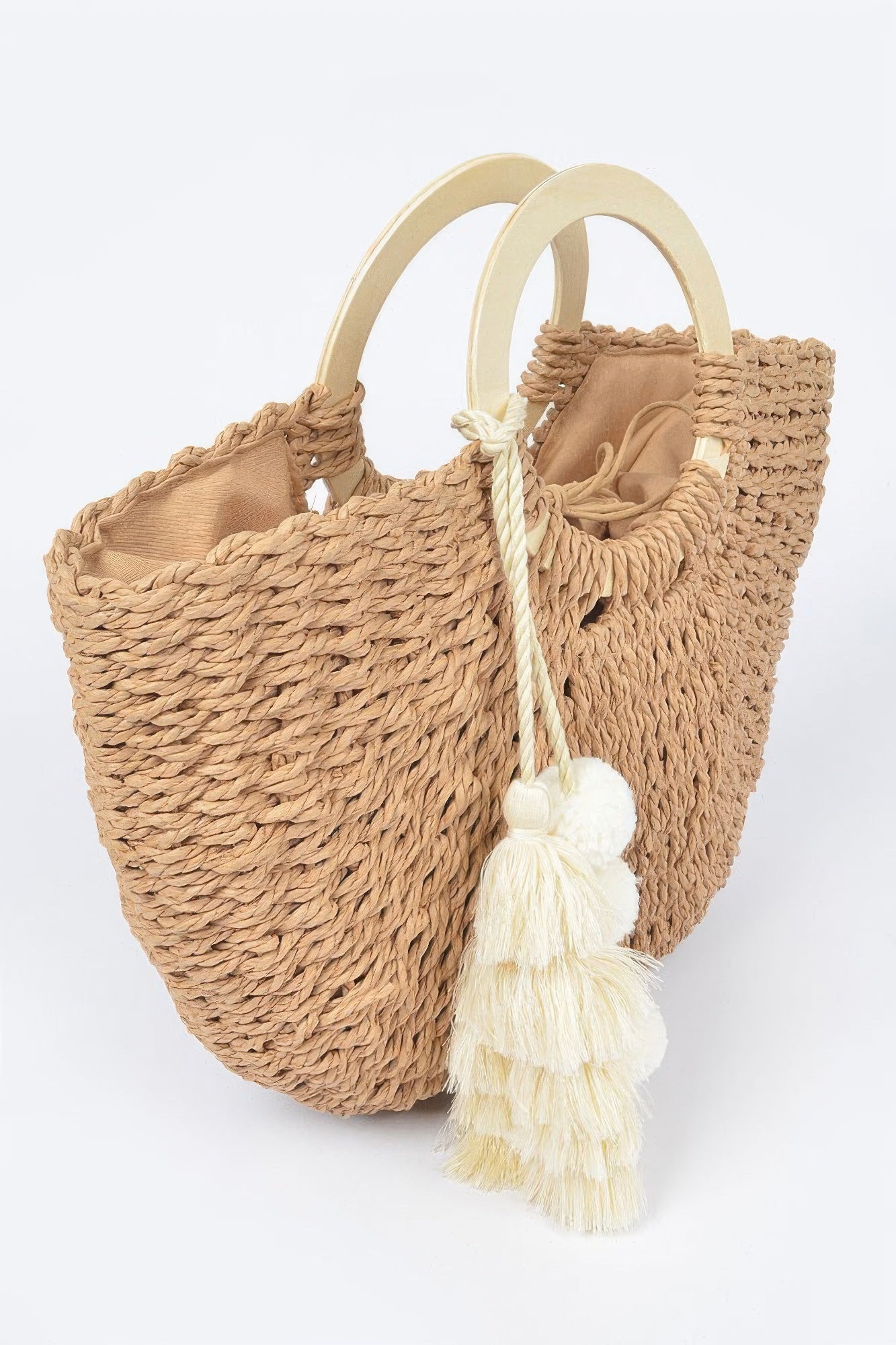 Woven Cotton Wood Handle Tote Bag –