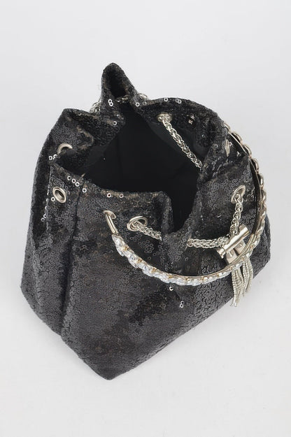 Sequins Bucket Bag W/stone Handle – Black