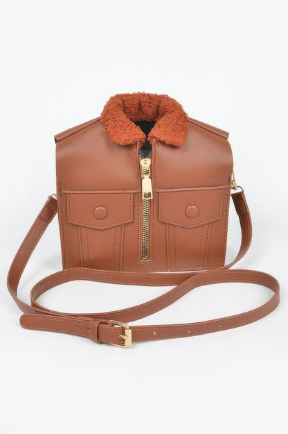 Faux Leather Fur Jacket Crossbody Bag – Camel