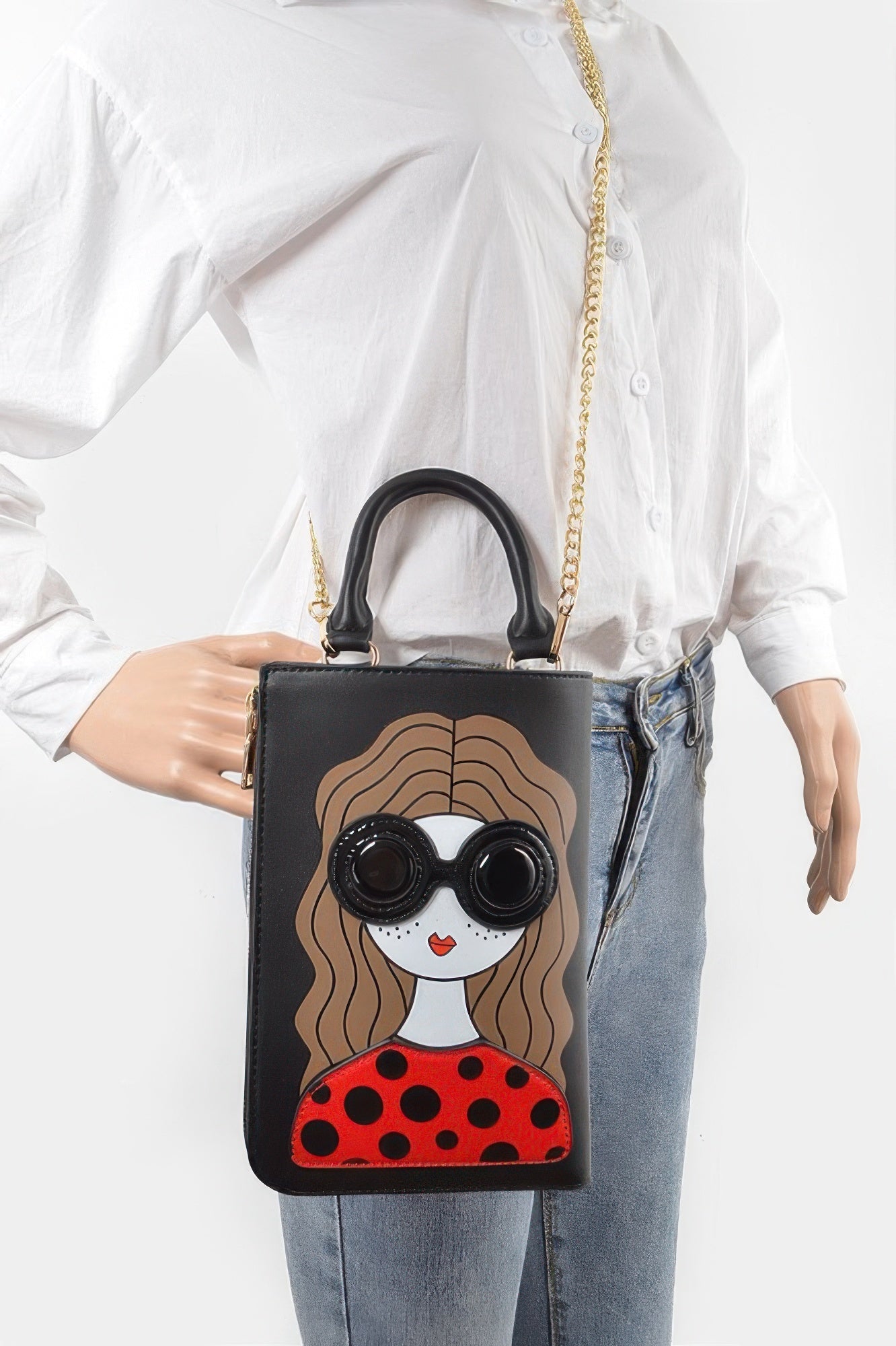 Character Printed Cross Chain Body Strap Bag – Black