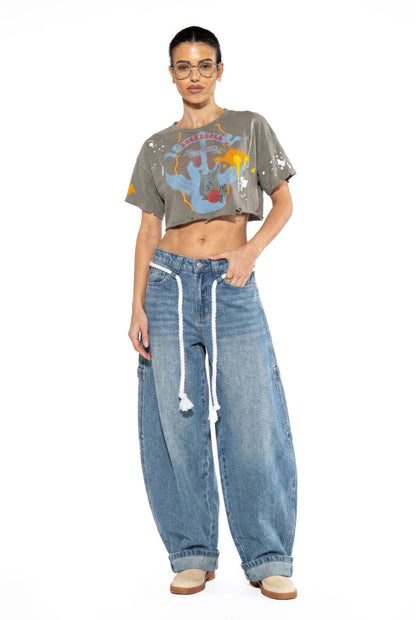Rebel Echo Cropped Graphic Tee – Sage Combo