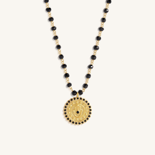 Silent Guard Hamsa Onyx Gold Necklace – Necklaces - Womens