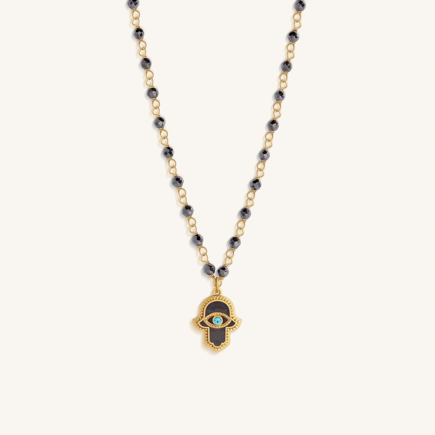Celestial Flow – Hamsa Hematite & Aquamarine Necklace – Necklaces - Womens