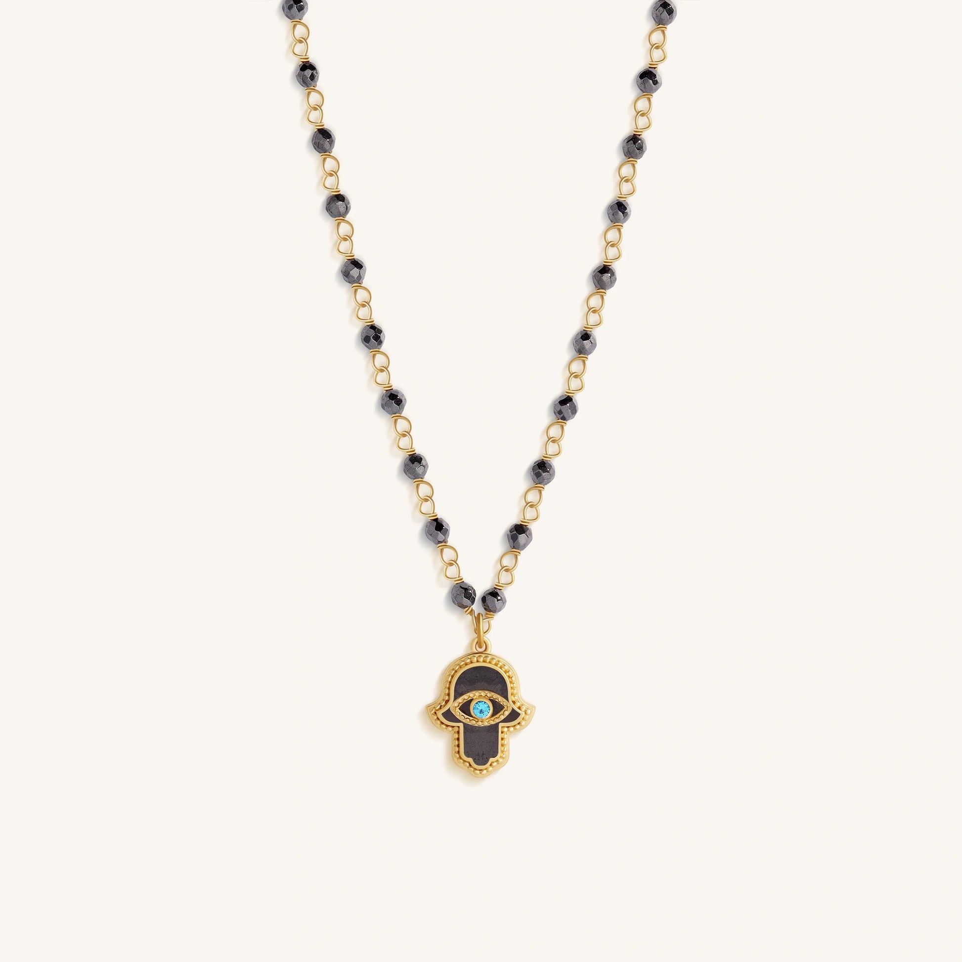 Celestial Flow – Hamsa Hematite & Aquamarine Necklace – Necklaces - Womens