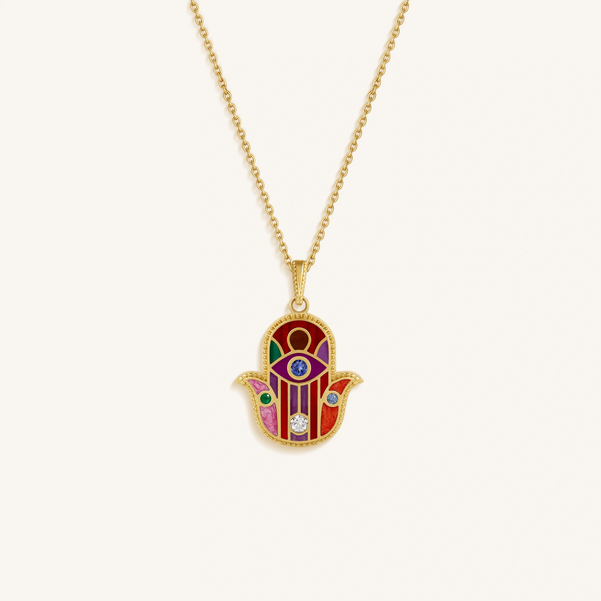 Divine Aura Multi-Gemstone Hamsa Charm Necklace – Necklaces - Womens