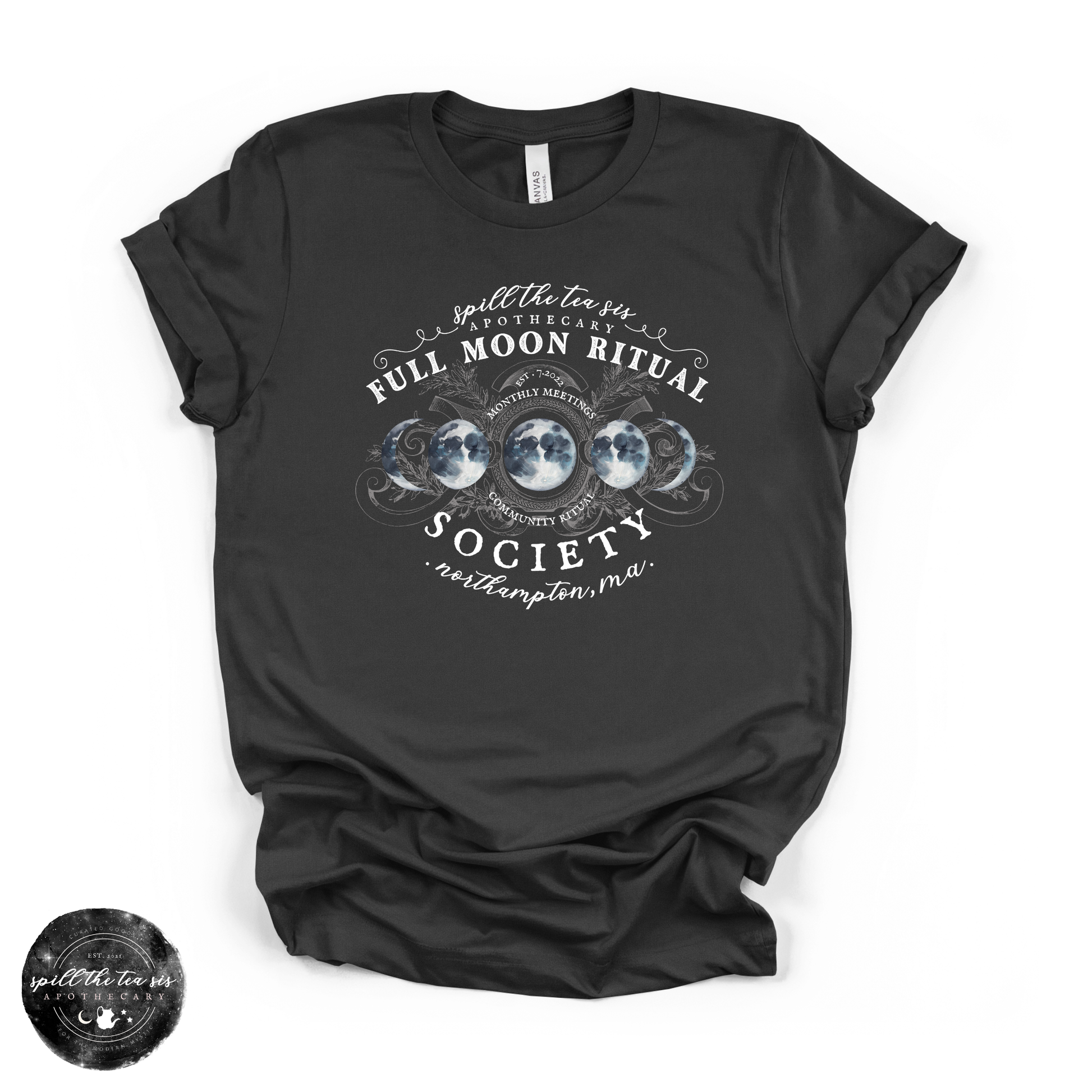 White Full Moon Ritual Tee | Celestial Graphic T-Shirt – Dark Grey