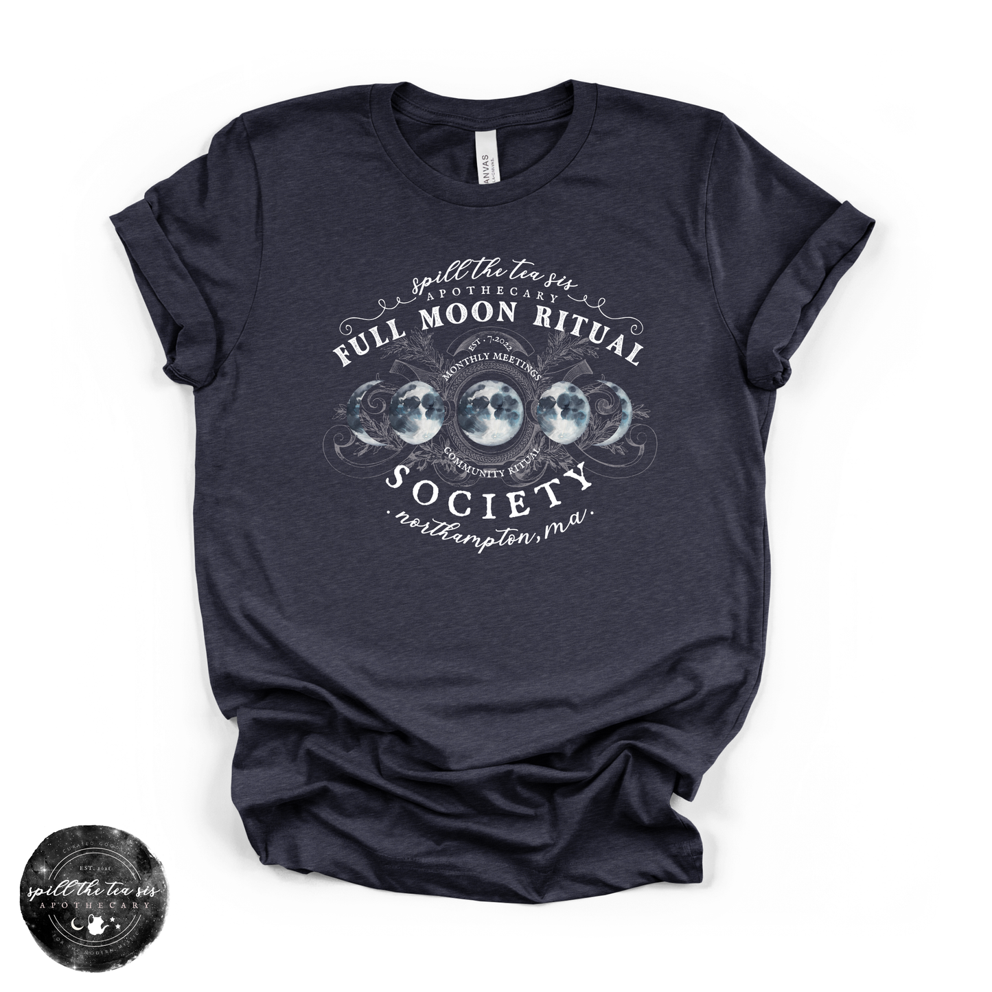 White Full Moon Ritual Tee | Celestial Graphic T-Shirt – Heather Navy