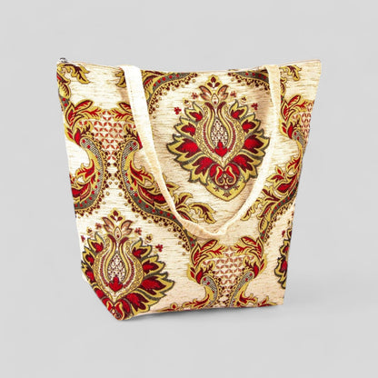 Authentic Kilim Fabric Ottoman Design Purse with Handles, Turkish Carpet, Beach Bag, Tote, Reusable Shopping Bag -- Cream/Red/Yellow –