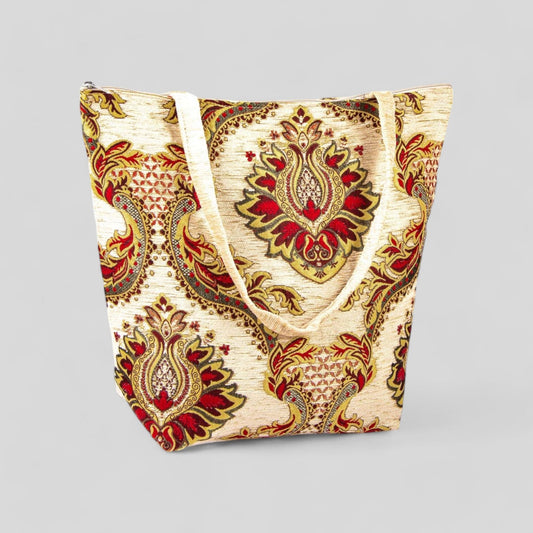 Authentic Kilim Fabric Ottoman Design Purse with Handles, Turkish Carpet, Beach Bag, Tote, Reusable Shopping Bag -- Cream/Red/Yellow –