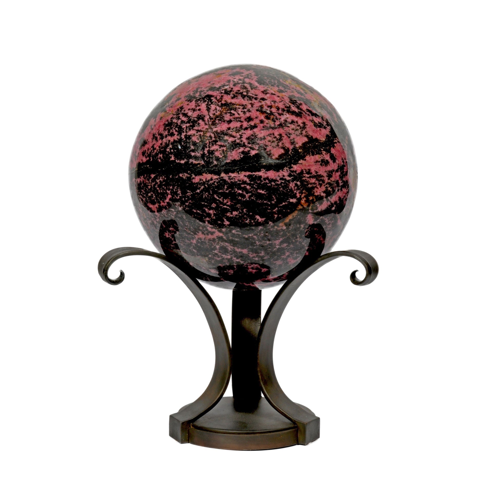Rhodonite Sphere on Metal Stand - Spiral Bouquet Display –