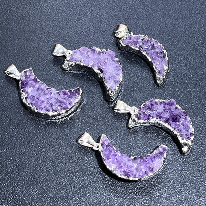 Crescent Moon Pendants, Amethyst Druzy - (Silver Plated)
