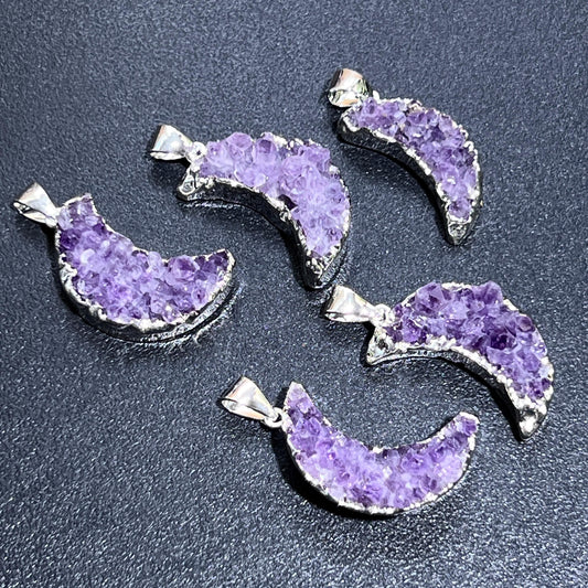 Crescent Moon Pendants, Amethyst Druzy - (Silver Plated)