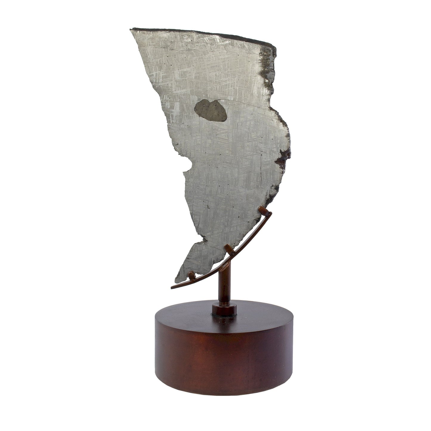 Muonionalusta Meteorite Slice with Troilite Inclusion on Steel Spinner Stand –