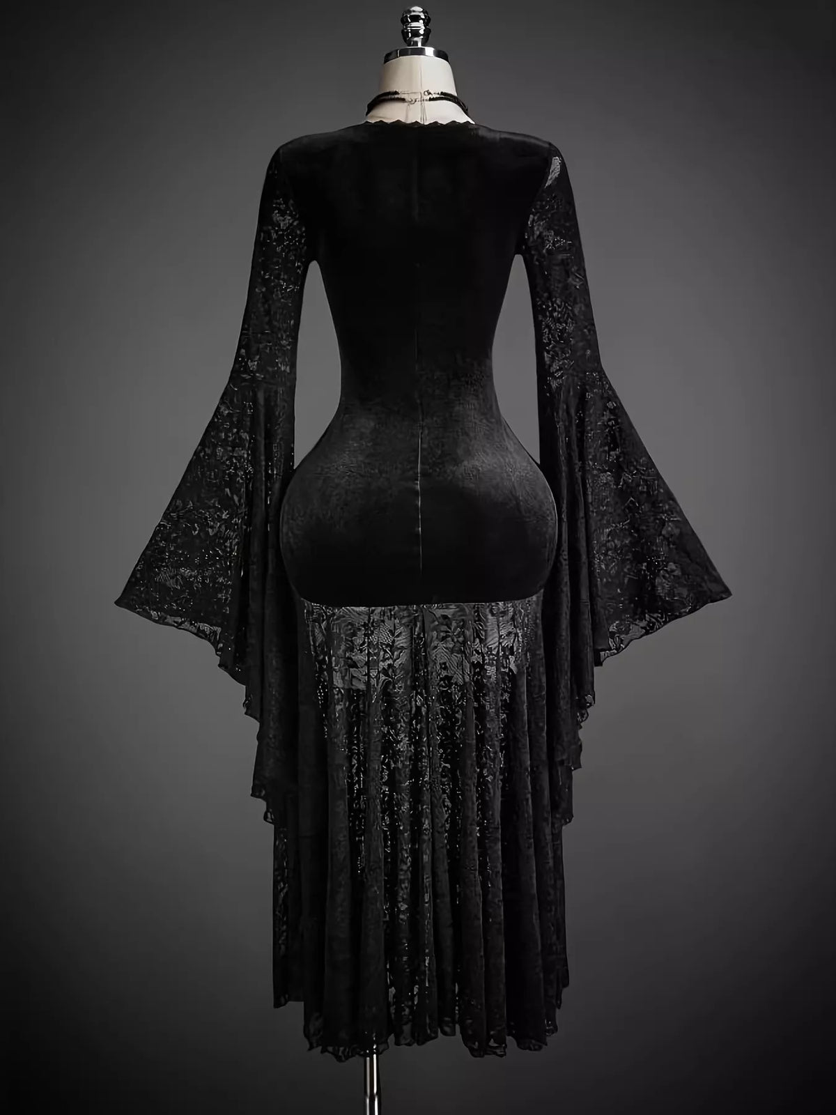 Black Lace V-Neck Dress with Flare Sleeves