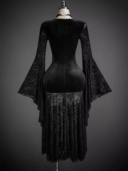 Black Lace V-Neck Dress with Flare Sleeves