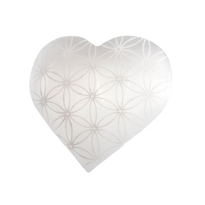 Selenite Heart Etched Flower of Life (Morocco) - Sacred Geometry - Ethically Sourced