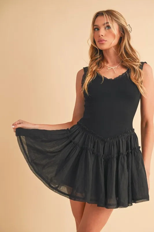 Frill Sleeveless Drop Waist Mini Dress –