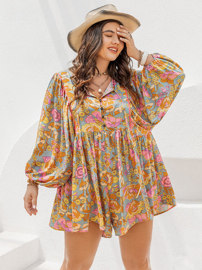 Floral Tie Neck Balloon Sleeve Romper –