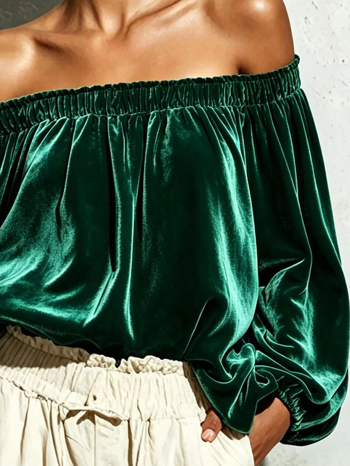 Off-Shoulder Velvet Long Sleeve Top