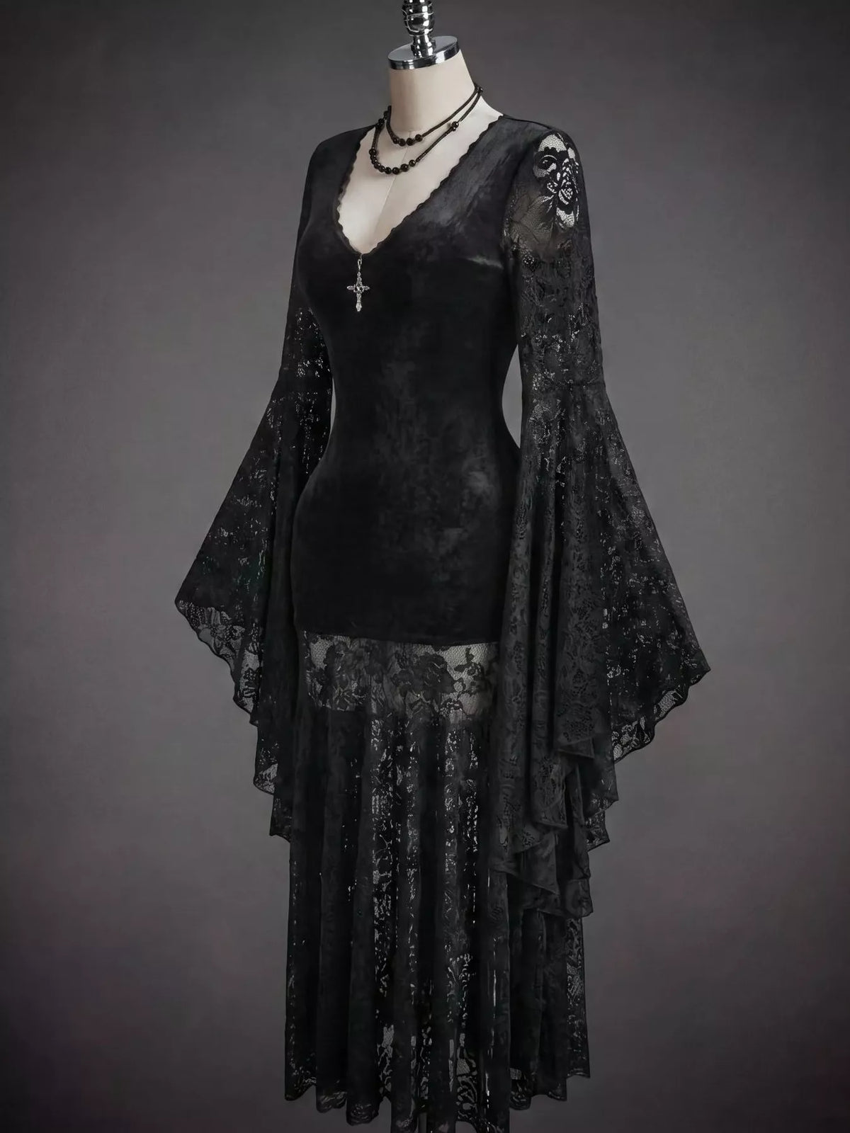 Black Lace V-Neck Dress with Flare Sleeves