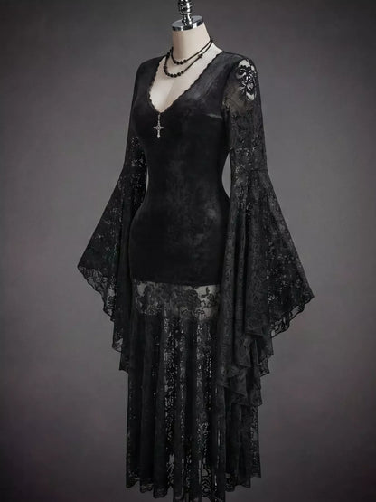 Black Lace V-Neck Dress with Flare Sleeves