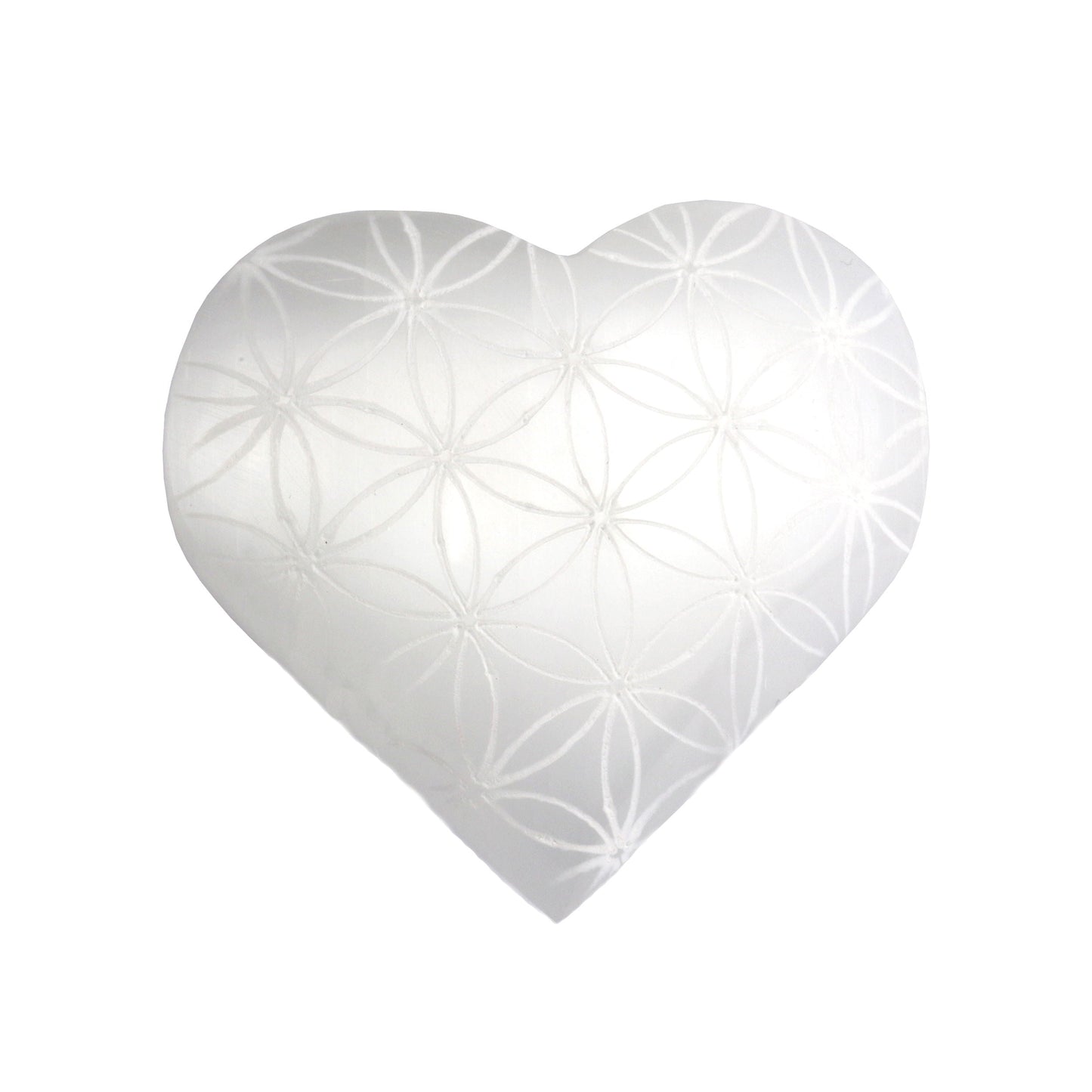 Selenite Heart Etched Flower of Life (Morocco) - Sacred Geometry - Ethically Sourced