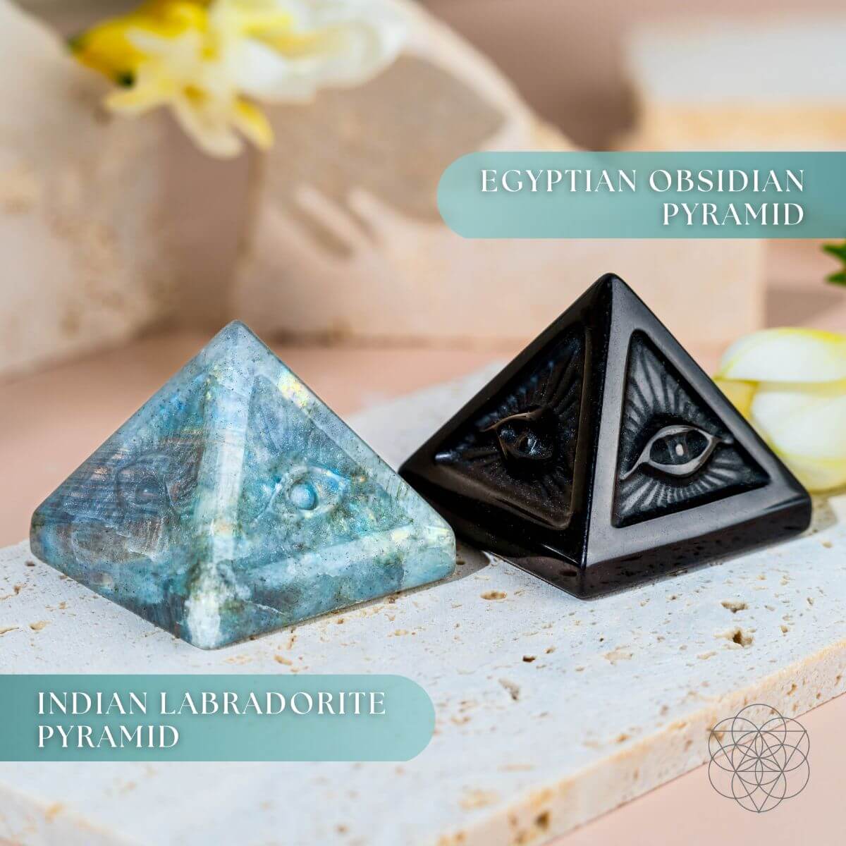 All Seeing Eye - Crystal Carved Pyramid of Ancient Wisdom – Egyptian Obsidian Pyramid Crystal Heart