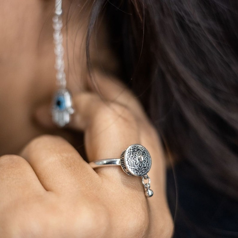 Instant Calm Sterling Silver Spinner Ring | Adjustable Lotus Prayer Wheel