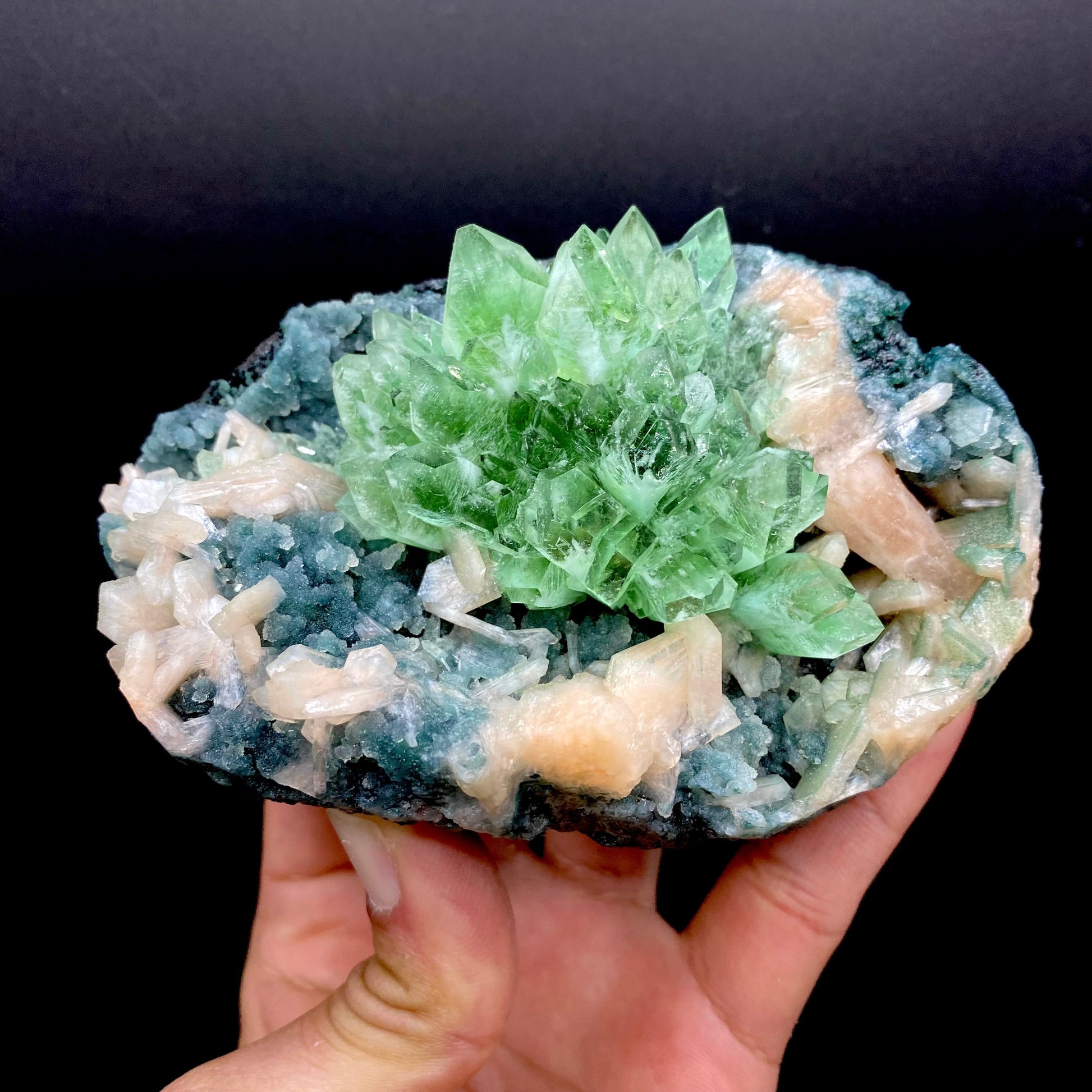 Apophyllite Green Flower on Chalcedony Natural Mineral Specimen – Apophyllite