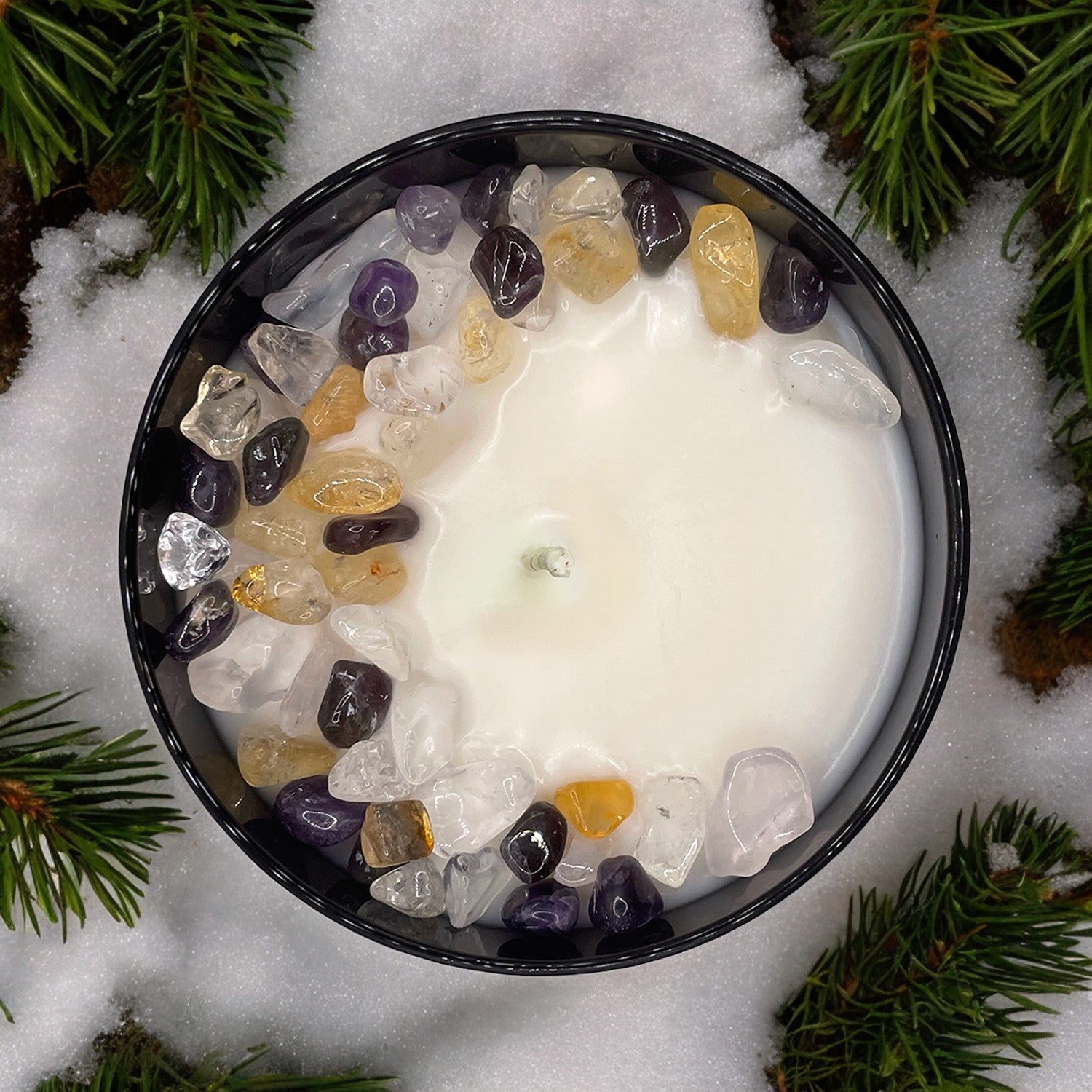 Arctic Winds Crystal Candle with Citrine, Amethyst, & Quartz | Coconut-Soy Wax Candle, 9oz – Crystal Candle