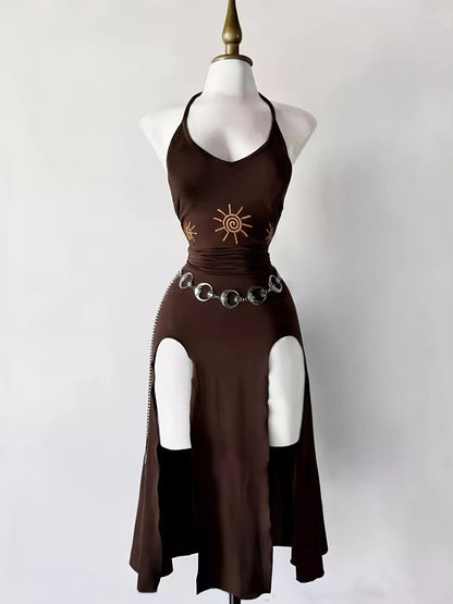 Sun-Embroidered Halter Dress | Halloween Outfit