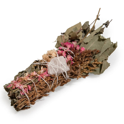 Floral Smudge Wand with Quartz Crystal Pink
