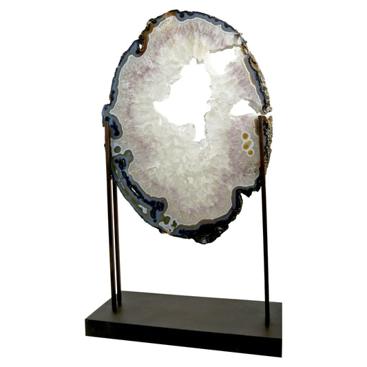 Rose de France Agate Ring with Calcite Crystal on Steel Stand – Minerals & Crystals