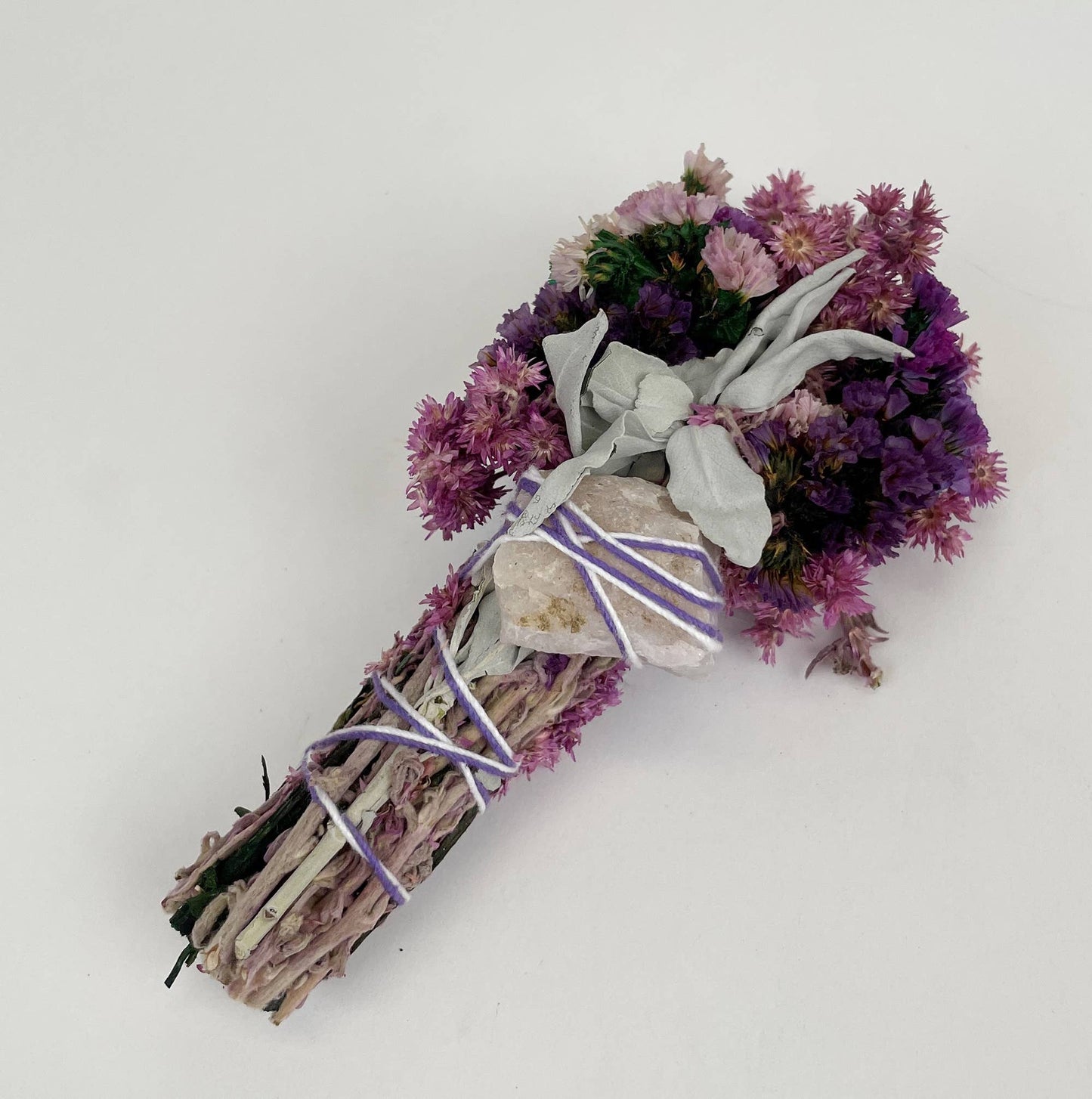 Pink & Purple Floral Sage Smudge Wand with Quartz Crystal
