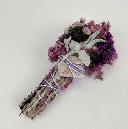 Pink & Purple Floral Sage Smudge Wand with Quartz Crystal