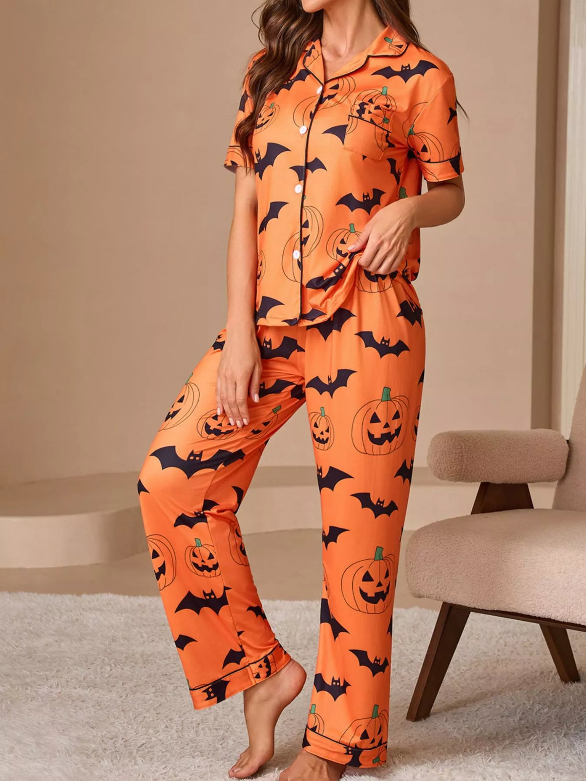 Halloween Pumpkin & Bat Print Button-Down Lounge Set