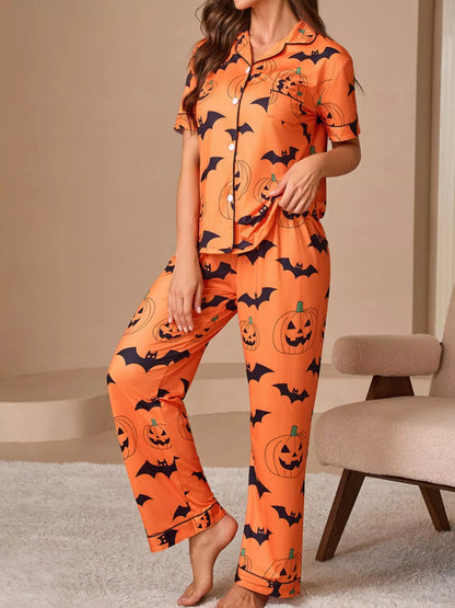 Halloween Pumpkin & Bat Print Button-Down Lounge Set