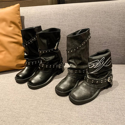 Round Toe Low Block Heel Boots